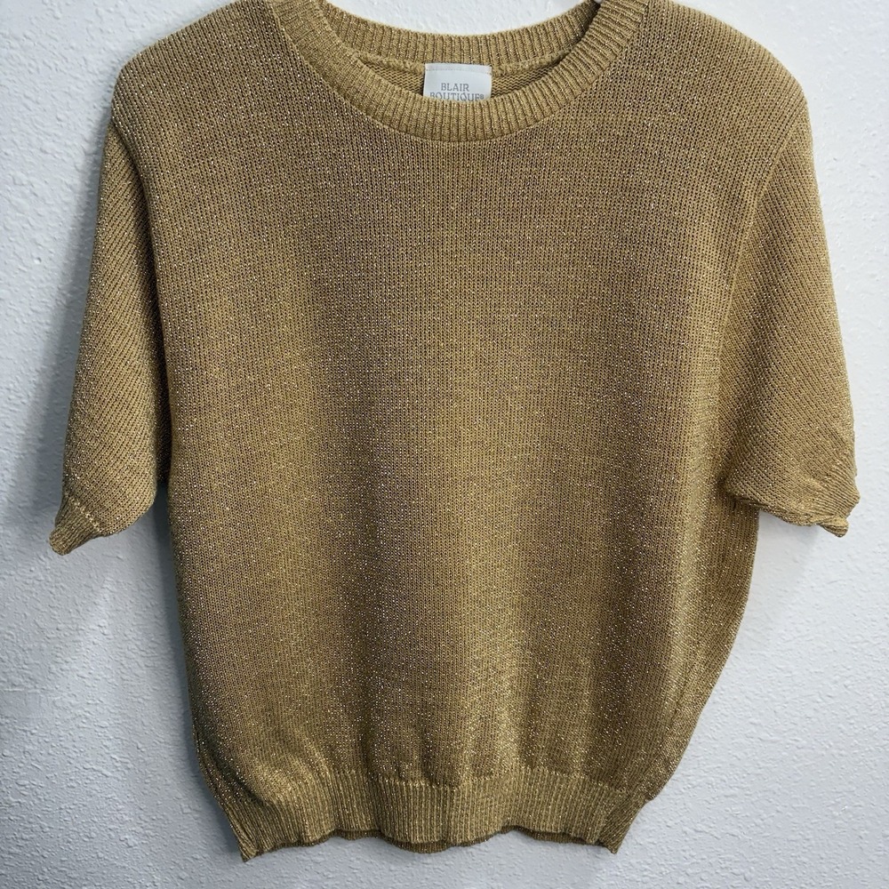 VTG Blair Boutique Gold Metallic Short Sleeve Sweater Women's Sz L Luxe Y2K